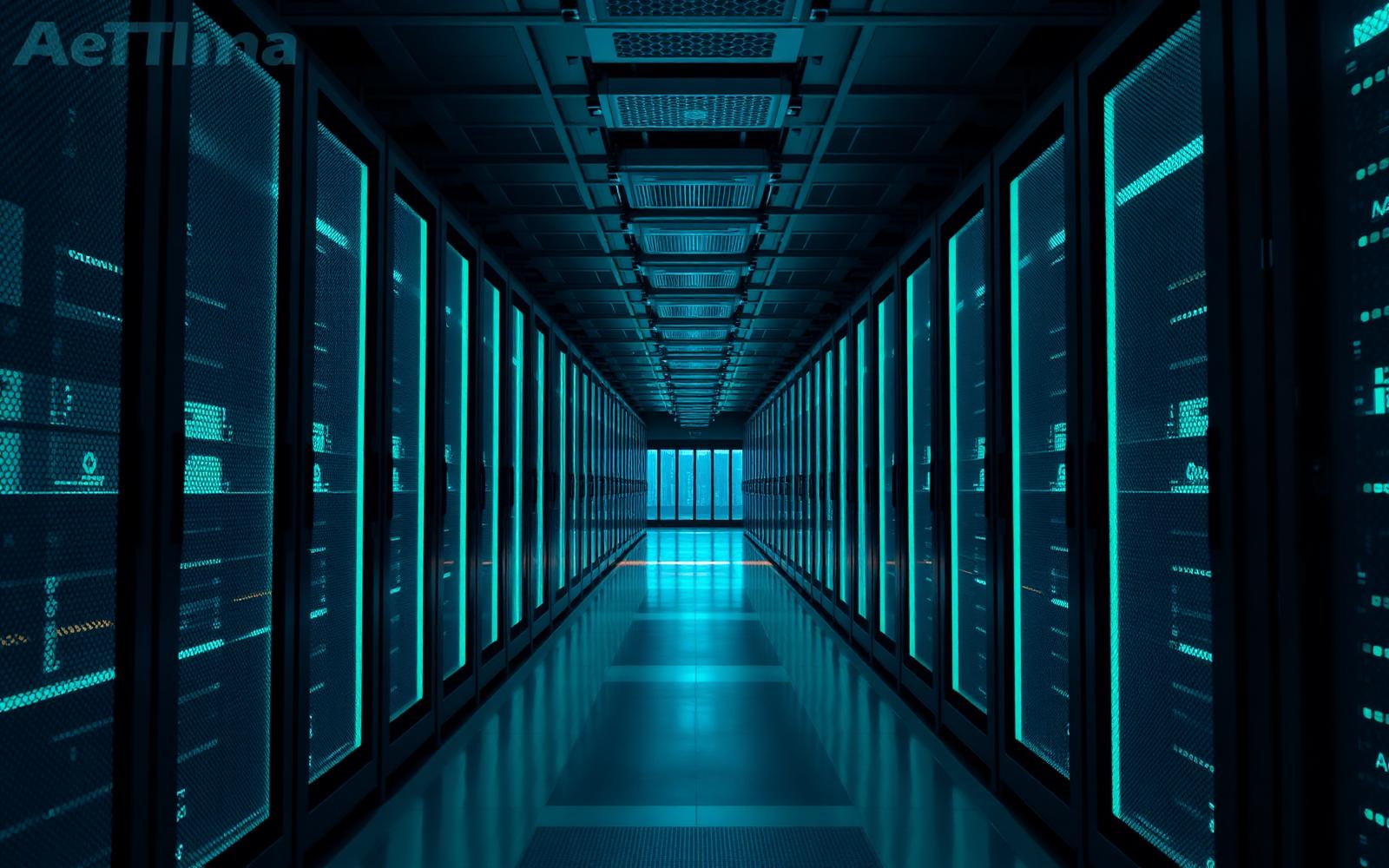 Corridor of glowing enterprise data center racks